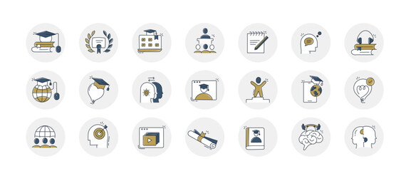 Custom Hand Drawn Online Learning Icons cover various topics related to online education, including e-learning, distance learning, virtual classrooms, and learning management systems.