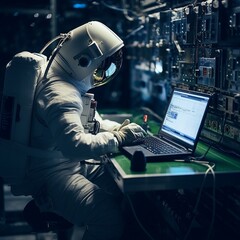 An astronaut, immersed in a laptop task - obrazy, fototapety, plakaty