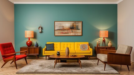retro style of living room interior with a yellow sofa - obrazy, fototapety, plakaty