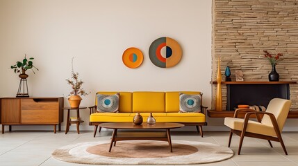 retro style of living room interior with a yellow sofa