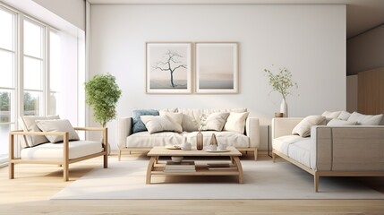 Fototapeta na wymiar scandinavian design living room with painting on the wall