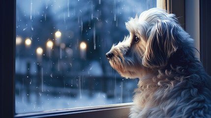 A sad dog looks out the window and waits for its owner
