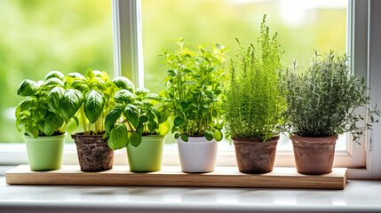 Different aromatic potted herbs