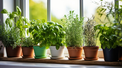 Different aromatic potted herbs - obrazy, fototapety, plakaty