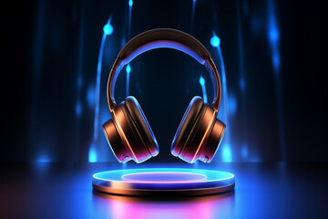 Headphones with glowing neon screen on dark background. 3D Rendering