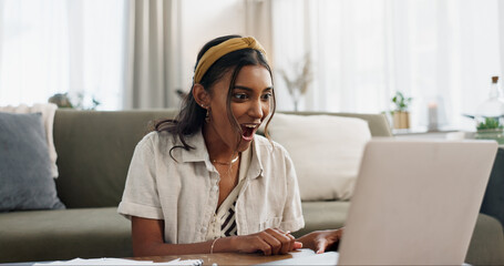 Wow, laptop and happy woman with remote work success, surprise and good news from email. Shock and...
