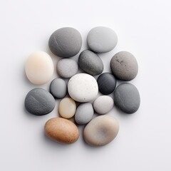 Fototapeta na wymiar Pebble Rocks on white background. Natural Harmony, Zen balance, Tranquil Equilibrium Mandala concept. Ai generated image. 