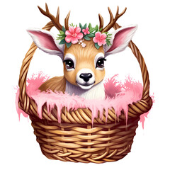 Cute Baby Reindeer In Basket Clipart Illustration