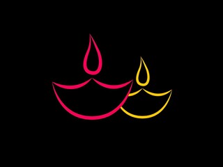 Pair of Illuminated Oil Lamps (Diya) Element in Line Art.