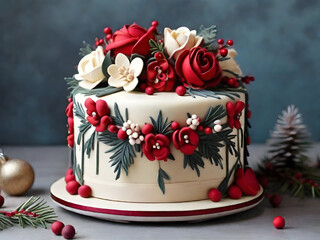 christmas cake with flowers decoration 