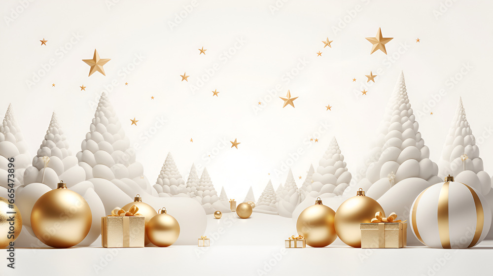 Wall mural christmas and new year background in white colors. white christmas trees with golden star in a snowy