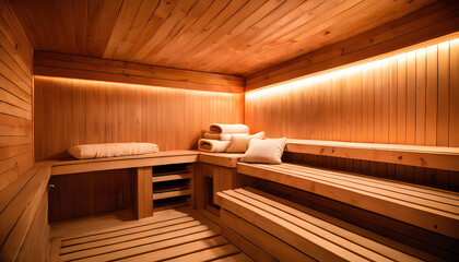 Fototapeta na wymiar Wooden sauna with wooden floors