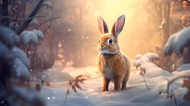 hare on the background of a winter, snowy forest with bokeh and copy space. Wild animals in winter. Christmas card.