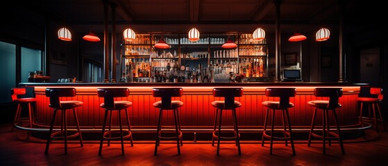 interior of a classic low light bar with high back chairs at night - obrazy, fototapety, plakaty