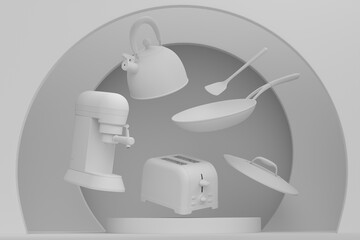 Abstract scene or podium with kitchen appliances and utensils on monochrome.