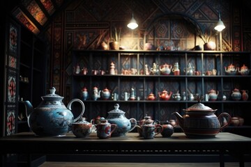 Assorted Teapots on Table
