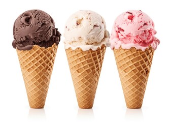 Chocolate, vanilla and strawberry Ice cream in the cone on white background.