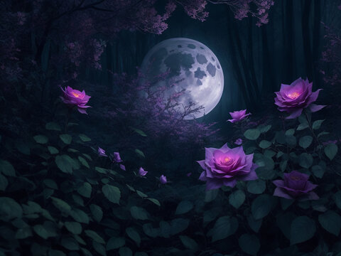Beautiful roses in a wild fox. The big moon. Fantasy. Dark background. AI