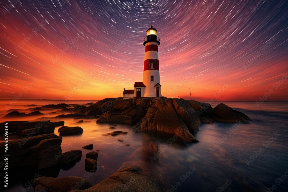 Poster lighthouse on the seashore. background with selective focus and copy space