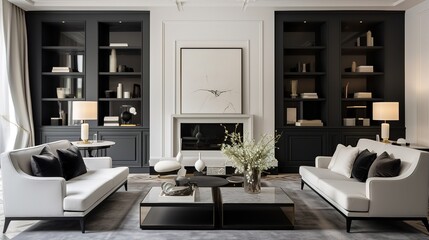 glam style interior of luxury living room with two black bookshelves