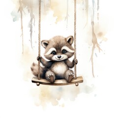 Cute baby raccoon in watercolour style, sitting on swings attached to the tree.