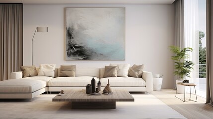 white modern style living room with sofa and painting on the wall