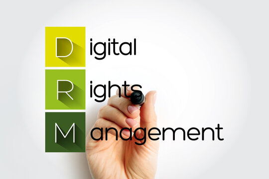 DRM Digital Rights Management - set of access control technologies for restricting the use of proprietary hardware and copyrighted works, acronym text with marker