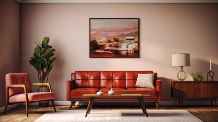 retro style of living room interior with a red sofa