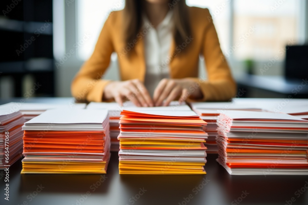 Poster paper files, office work. background with selective focus and copy space