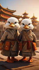 ducks people, asian cute, twins duck illustration drawing
