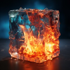 a fiery piece of ice, fire in captivity ice cubes, frozen fire, fire cools in ice, the struggle of fire and cold
