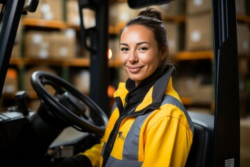 Woman forklift driver. Concept of top in demand profession. Portrait with selective focus and copy space - obrazy, fototapety, plakaty