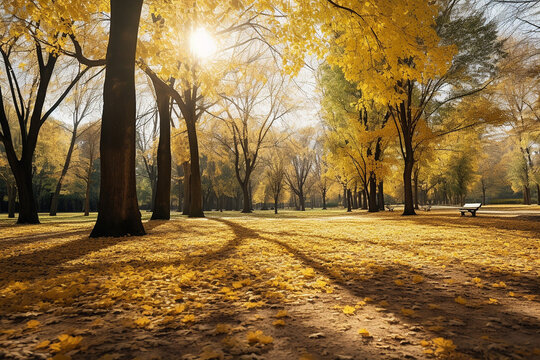 The beautiful landscape of the orange and yellow leaves of trees growing along the path covered with leaves in autumn or fall season on a sunny day. Generative AI.