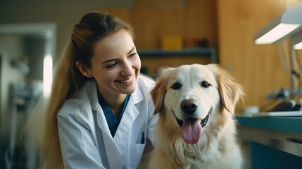 Professional Pet Health Checkup: Female Vet Doctor Ensures Golden Retriever's Wellness