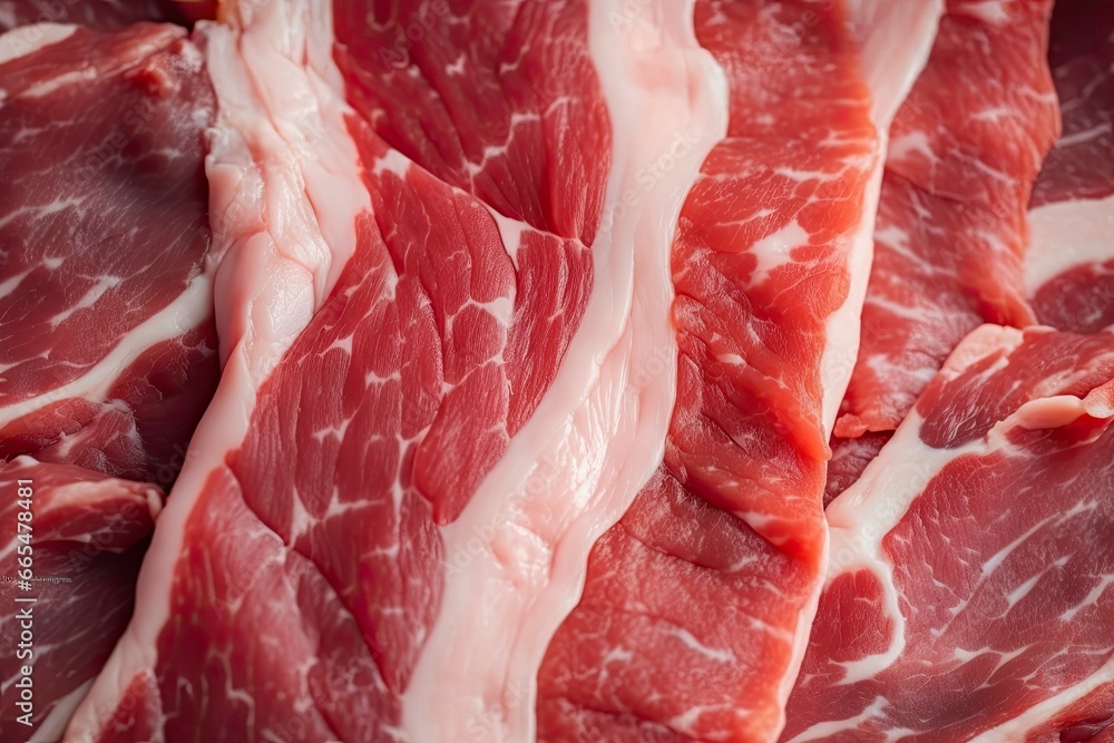 Wall mural macro shot of pork meat. meat textured background. beef steak is raw and juicy.