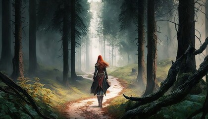 red head walking in the forest foggy weather mud rainy day design illustration