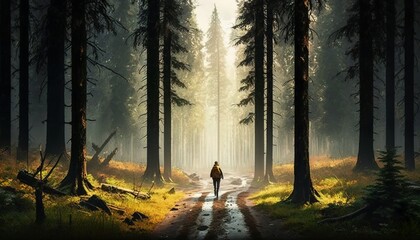 walking trip in the forest misty area mud rainy day design illustration