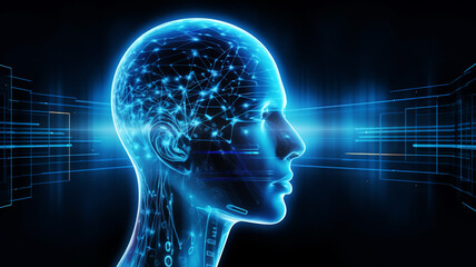 Obraz premium Head consisting of thin blue lines, glow, data and technology, in the style of dark cyan, detailed background elements, Generative AI