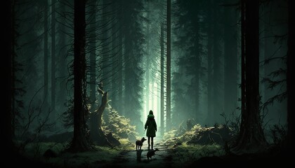 girl and a dog walking in the forest dark foggy weather mud rainy day design illustration - obrazy, fototapety, plakaty