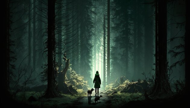 girl and a dog walking in the forest dark foggy weather mud rainy day design illustration