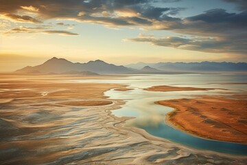 Aerial view of beautiful lake and mountains at sunset, Ladakh, India, Great Salt Lake Utah amazing travel picture, AI Generated