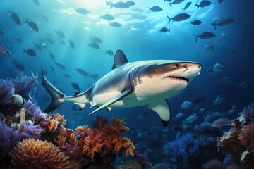 Obraz na płótnie Canvas Picture shows a shark at the bottom of a tropical coral reef, Great white sharks hunting in different positions on a white background, full body view, AI Generated