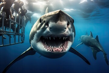 Great White Shark Carcharodon carcharias in blue ocean, Great white shark showing its teeth in...