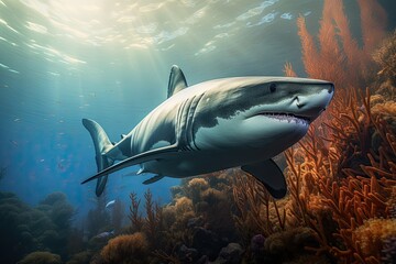 Fototapeta premium Great white shark Carcharodon carcharias, Great white sharks hunting in different positions on a white background, full body view, AI Generated