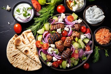 Greek salad with grilled meat, vegetables and tzatziki sauce, Greek food background. Meze, gyros, souvlaki, fish, pita, greek salad, tzatziki, assortment of feta, AI Generated - obrazy, fototapety, plakaty