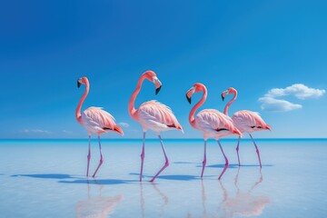 Group of pink flamingos standing in the water with blue sky background, Grilled meat barbecue steak on wooden cutting board with rosemary, AI Generated