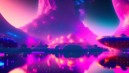 Neon synthwave aesthetic landscape scene