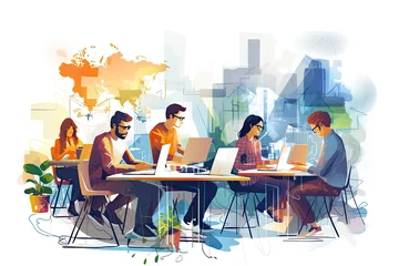 Foto op Plexiglas Vector illustration of business people working at the office with cityscape in the background, Group of developers working in office, abstract illustrations around, AI Generated © Iftikhar alam