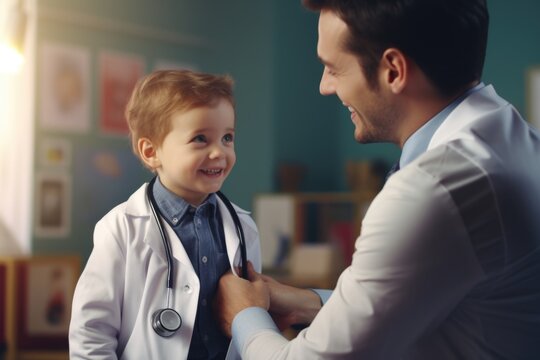 Man in White Lab Coat and Boy in Blue Tie