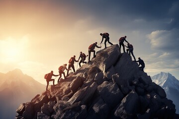 Group of climbers climbing on mountain peak. Teamwork and leadership concept, Group of people on peak mountain climbing helping team work, AI Generated - Powered by Adobe